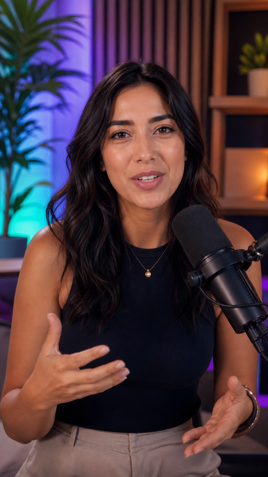 Original creator speaking into a podcast microphone in a modern studio