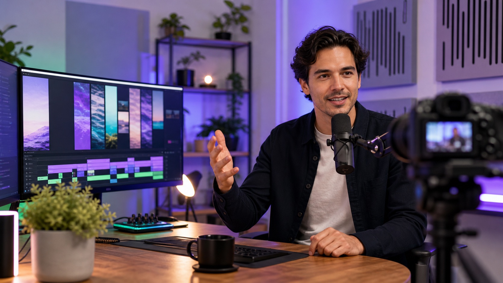 Video creator recording in a colorful studio with a vertical clip editing workspace